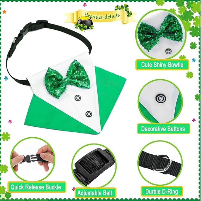 St.Patrick's Day Dog Tuxedo Bandanas Costume Pet Green Irish Outfits Adjustable Saint Patrick's Day Dog Scarf Bow Tie Collar for Large Dogs Cats Cosplay Party Dress Doggie Bibs (Grenn, Small)