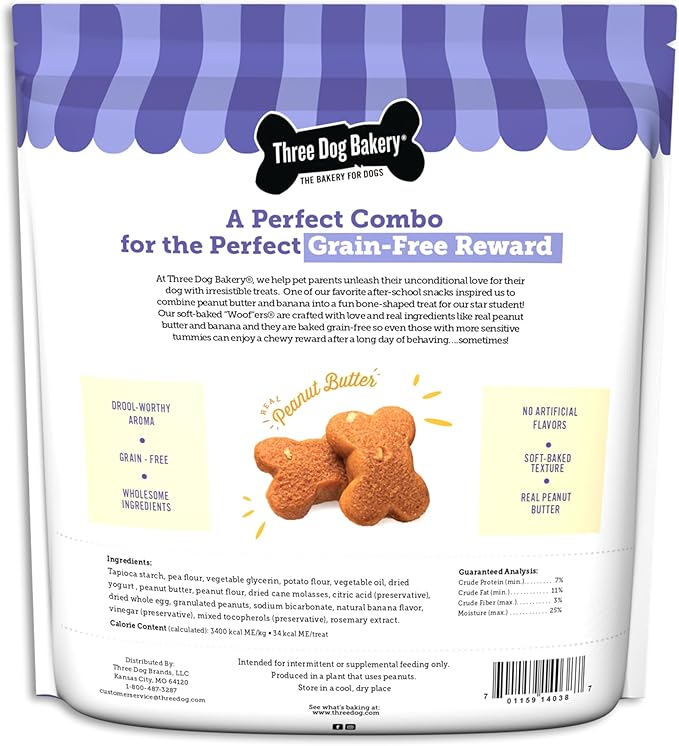 Three Dog Bakery Grain-Free “Woof”ers, Peanut Butter & Banana Flavor – Grain-Free Dog Treat, Cookies for Dog Training Treats, Puppy Treats with Real Ingredients