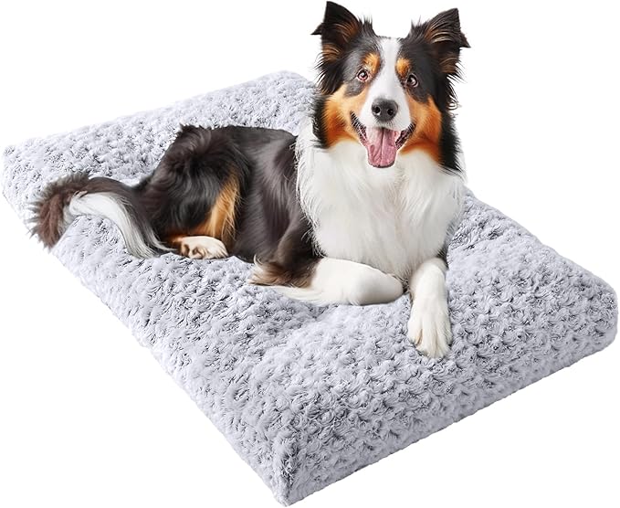 JOLLYVOGUE Washable Dog Bed for Crate, Deluxe Rose Plush Dog Crate Beds for Small Medium Large Size Dogs, Anti-Slip Soft Comfy Pet Kennel Pad, Fits Kennel Cage and Cat Bed Mat, 41" X 27", Gray