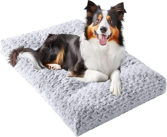 JOLLYVOGUE Washable Dog Bed for Crate, Deluxe Rose Plush Dog Crate Beds for Small Medium Large Size Dogs, Anti-Slip Soft Comfy Pet Kennel Pad, Fits Kennel Cage and Cat Bed Mat, 41" X 27", Gray