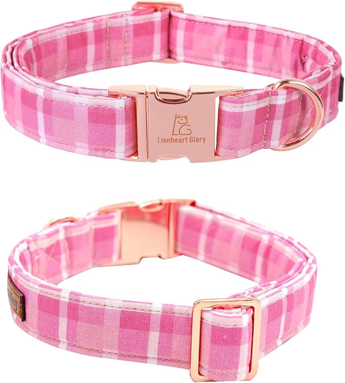 Lionheart glory Pink Plaid Dog Collar, Adjustable Dog Collar with Bowtie, Pet Gift Girl Collar for Dog Soft Bowtie Dog Collars for Small Dogs