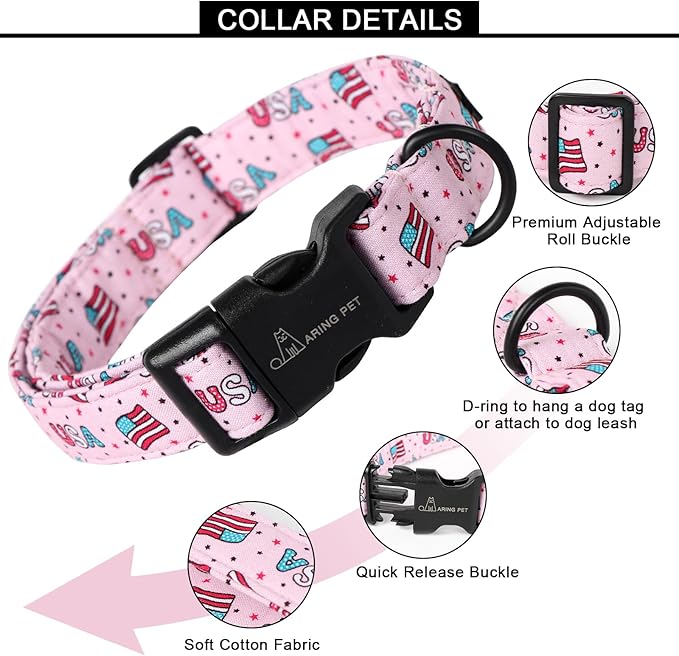 ARING PET 4th of July Dog Collar-Cotton Pink Patriotic Dog Collar, Adjustable American Flag Puppy Collars with Quick Release Buckle for Small Medium Large Dogs