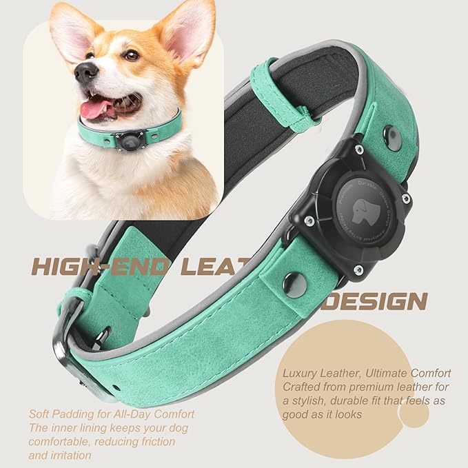 AirTag Dog Collar - Leather Dog Collar with Air Tag Holder | IPX8 Waterproof, Reflective, High - End, Adjustable Soft Padded | Dog GPS Tracker Collars Fit for Medium Large Dogs (Teal, XL)