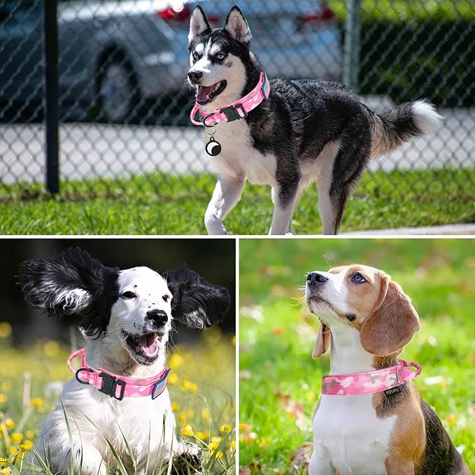 Hotsky Tactical Dog Collar, Adjustable Military Training Nylon Airtag Collar with Handle and Heavy Duty Metal Buckle for Medium Large Dogs, with Airtag Holder and Two Patches(Pink Camo,M)