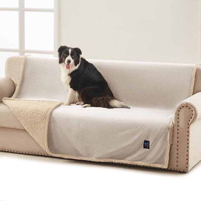 Waterproof Pet Blanket, Liquid Pee Proof Dog Blanket for Sofa Bed Couch, Reversible Sherpa Fleece Furniture Protector Cover for Small Medium Large Dogs Cats, Grey Beige Large(65" x 57")