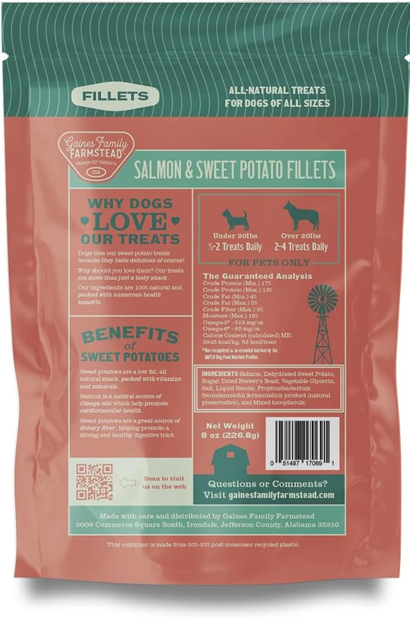 Gaines Family Farmstead Salmon & Sweet Potato Fillets, All-Natural Dog Treats – Wild Caught Alaskan Salmon, Soft Chew, Limited Ingredients, Healthy Snack for Dogs, 40 oz Pouch