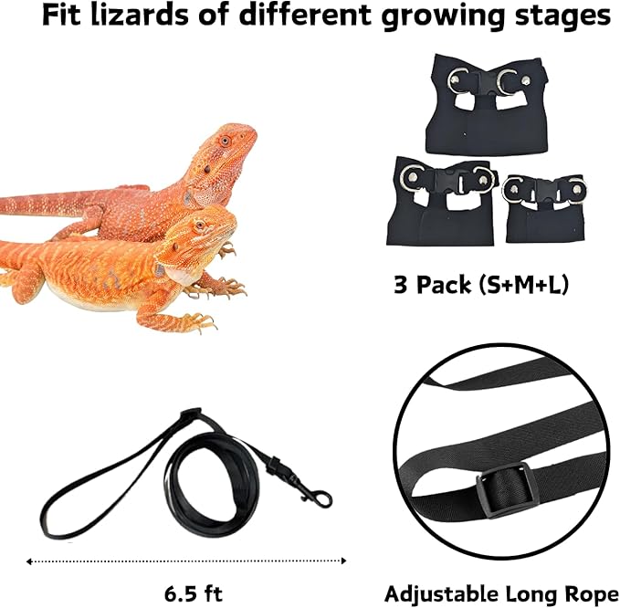 3 Pack Bearded Dragon Harness and Leash Set - Adjustable Soft Leather Lizard Harness Leash Small Animal Traction Rope Training Walking Vest Accessories for Reptile Squirrel Rat (Black)