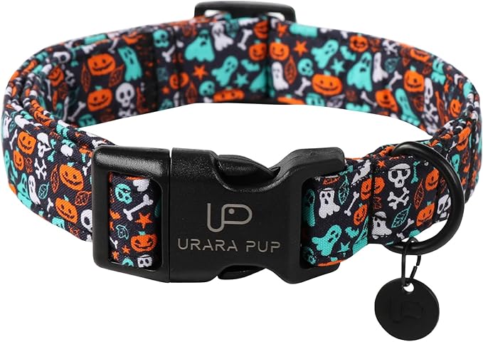Halloween Dog Collar, UP URARA PUP Cotton Skull Ghost Dog Collar for Small Dog, Fall Pet Collar with Halloween Elements Pattern, Adjustable Puppy Collar,L
