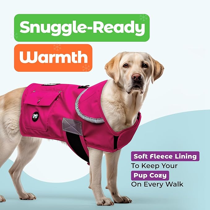 Joyride Harness FrostFlex Dog Winter Jacket - Fleece Lined & Water-Resistant - Snowsuit with Pockets for Treats & Poop Bags - Durable Cold Weather Dog Coat - Pink Berry-XS