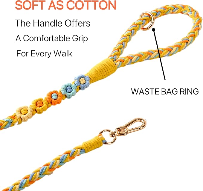 Handmade 5ft Braided Cotton Dog Leash with Unique Floral Handle, Durable and Stylish, Ideal for Small to Large Dogs, Blue & Yellow Twist (Sunshine Breeze)