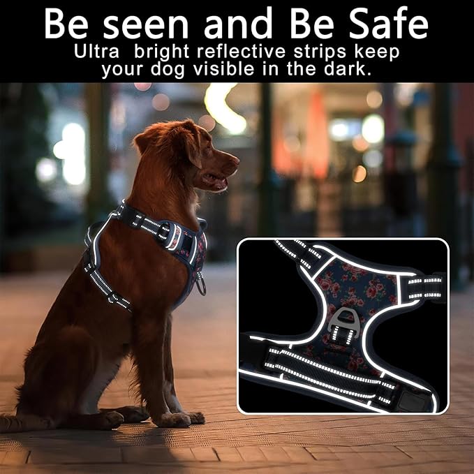 Timos Dog Harness for Medium Dogs, No Pull Service Vest with Reflective Strips and Control Handle,No Choke Dog Harness with 2 Metal Rings for Easy Walking,Outdoor Training,Flower Blue, M