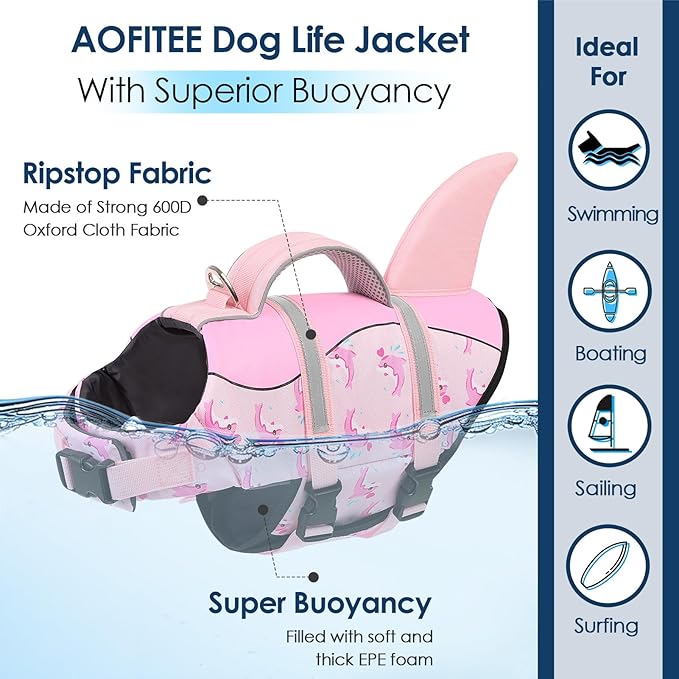 AOFITEE Dog Life Vest, Dog Life Jacket Shark, Reflective Puppy Safety Vest with Superior Buoyancy and Rescue Handle, Adjustable Dogs Swimsuit Float Coat for Small Medium Large Dogs, XS