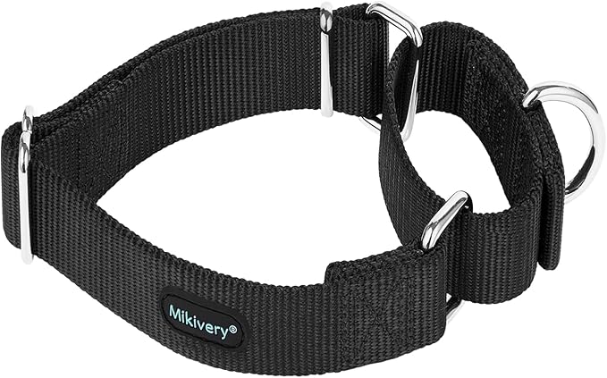 Mikivery Martingale Dog Collar Nylon Adjustable and Safety Training Colourful Comfortable Metal Buckle Pet Collars for Small Medium and Large Dogs(Black,L)