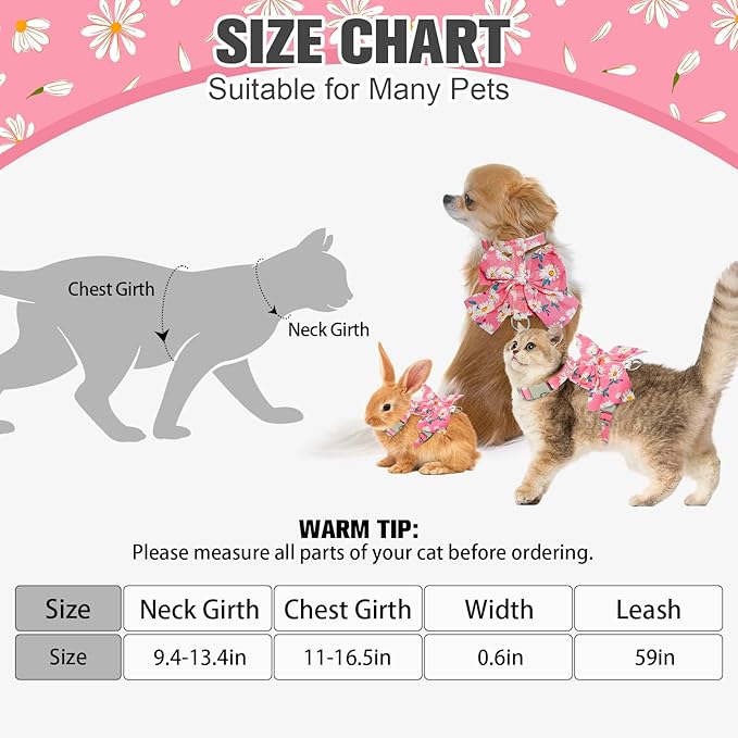 PAWCHIE Cat Harness and Leash Set with Bow Knot,Cats Escape Proof-Adjustable Daisy Floral Kitten Harness Soft Outdoor Walking Travel Pet Harness,Puppy Harness for Girl Cats Bunny Rabbit Small Dog,Pink