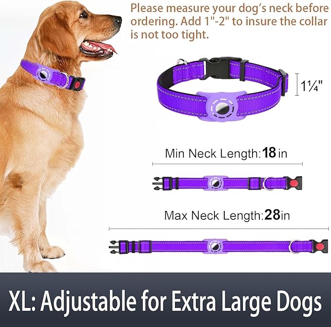 Airtag Dog Collar with AirTag Holder for Large Dogs, Reflective, Soft Padded & Safety Locking Buckle, Nylon Pet Collars Adjustable for All Breeds, Purple,XL
