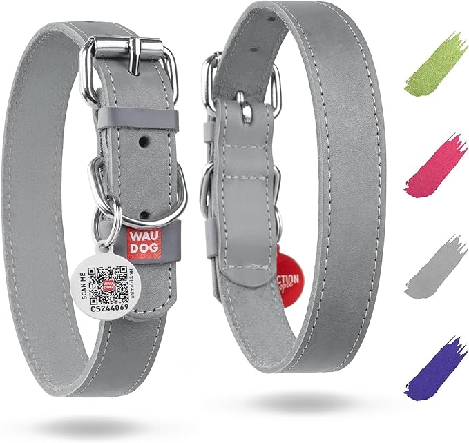 WAUDOG Long Lasting Leather Dog Collar for Large Dogs, Medium & Small Dogs - Adjustable Classic Puppy Collars for Large Breed Dogs - Boy & Girl Dog Collars with Durable Buckle, D-Ring & QR Dog Tag