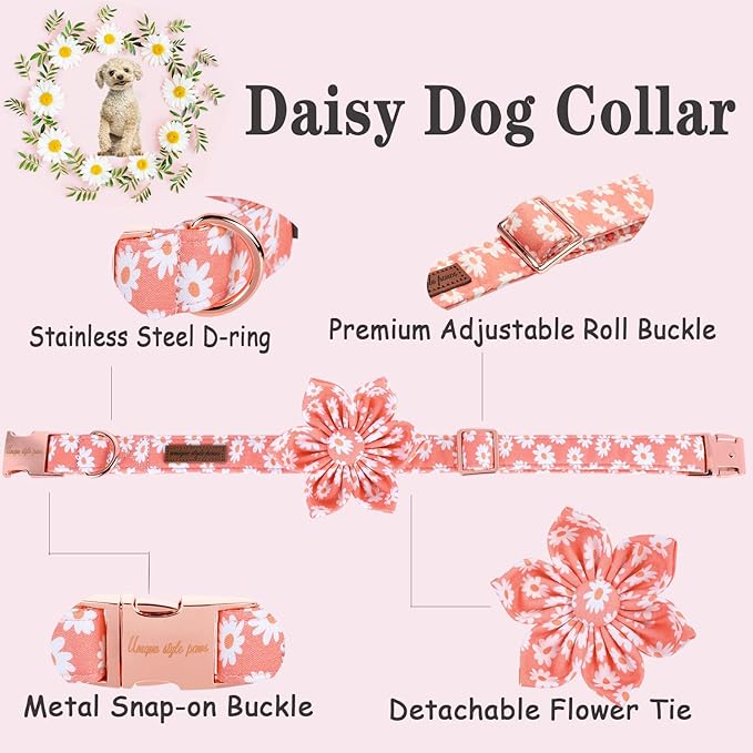 Unique style paws Dog Collar with Flower Tie Pink Daisy Summer Dog Collar for Small Medium Large Dogs with Adjustable Metal Buckle -S