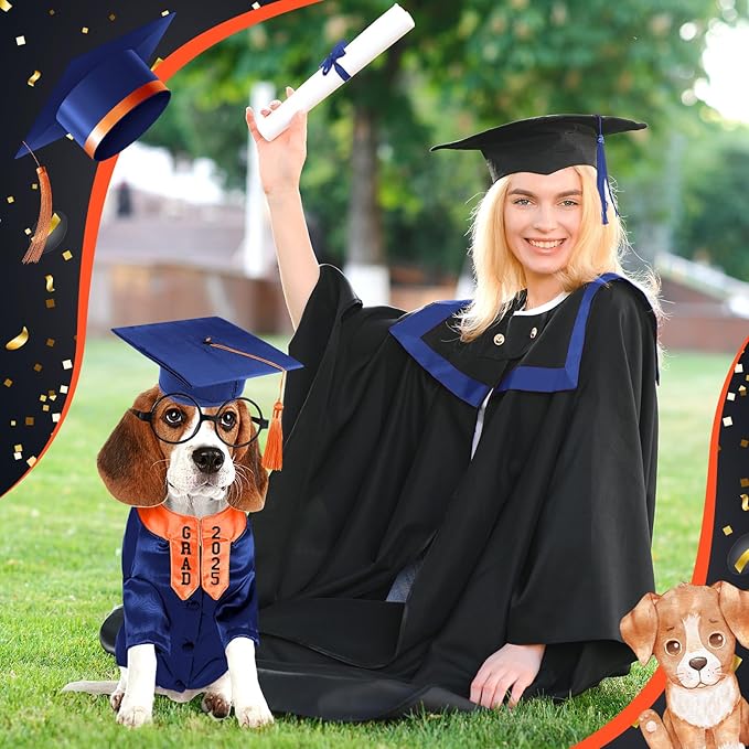 5 Pcs Dog Graduation Costume Set Include 2025 Pet Graduation Gown with Stole Puppy Grad Cap Lensless Glasses DIY Letter Stickers for Dogs Cats Holiday Costume Accessory(Blue Orange,M)