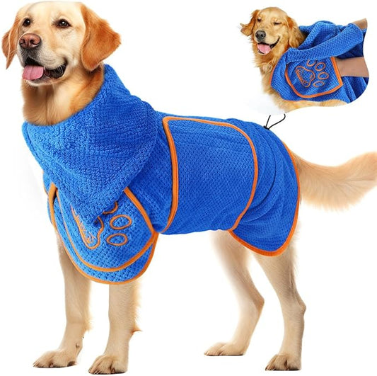 SlowTon Dog Bathrobe Towel - Super Absorbent Microfiber Pet Quick Drying Towel, Wearable Soft Bath Robes for After Bath Shower Swim Wet Walk, Adjustable for Small Middle Large Dogs (Blue, M)