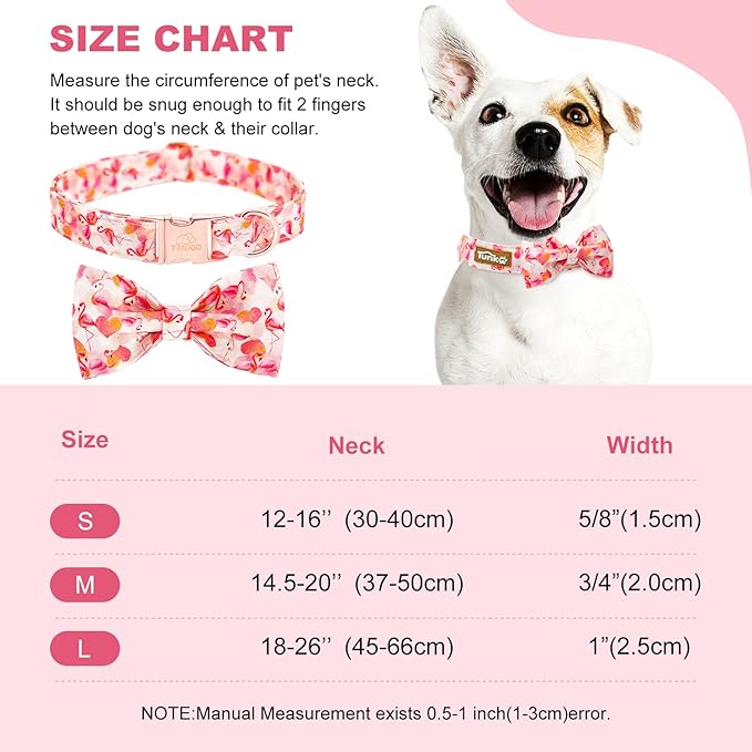 Tunkoo Super Cute Dog Collar with Bow Tie Pink Flamingo Heart - Durable, Adjustable, and Stylish Pet Collar Available in Small Medium Large M