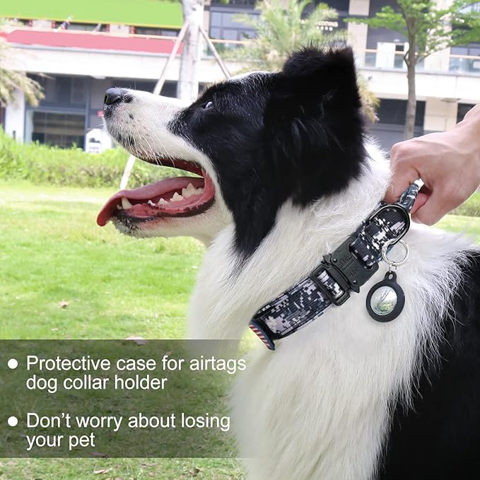 Hotsky Tactical Dog Collar, Adjustable Military Training Nylon Airtag Collar with Handle and Heavy Duty Metal Buckle for Medium Large Dogs, with Airtag Holder and Two Patches(XL)