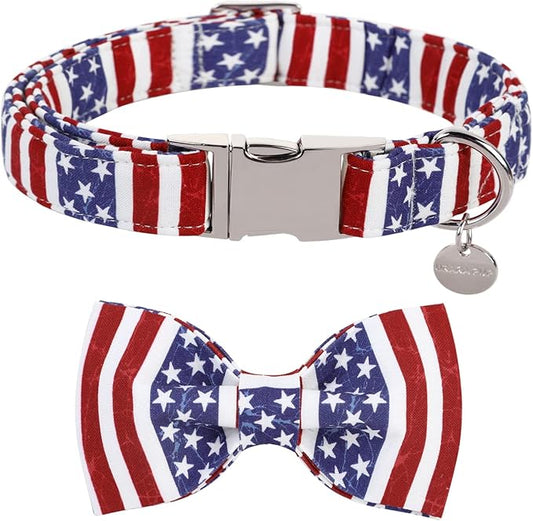 Dog Collar with Bow Tie, 4th of July Comfortable Cotton Dog Collar, American Flag Collar for X-Large Girl Boy Dog, Patriotic Bowtie Collar with Metal Buckle, XL