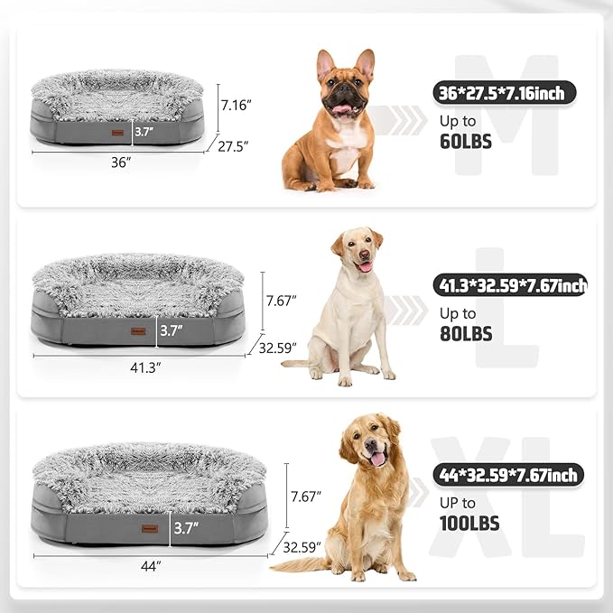 3.7 inch Thickened Orthopedic Dog Beds for Large Dogs,Supportive Dog Sofa Bed with 28D Egg-Crate Foam, Removable Washable Plush Cover, Waterproof Lining, Half-Round Design for Puppy, Senior Dog
