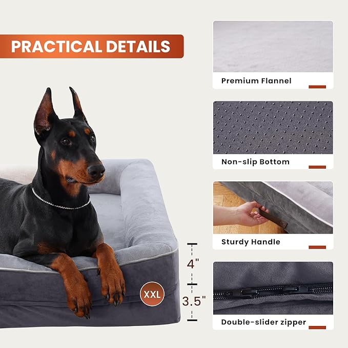 XX-Large Orthopedic Dog Couch for Giants, Waterproof & Non-Slip, Four-Sided Cushion, Gray