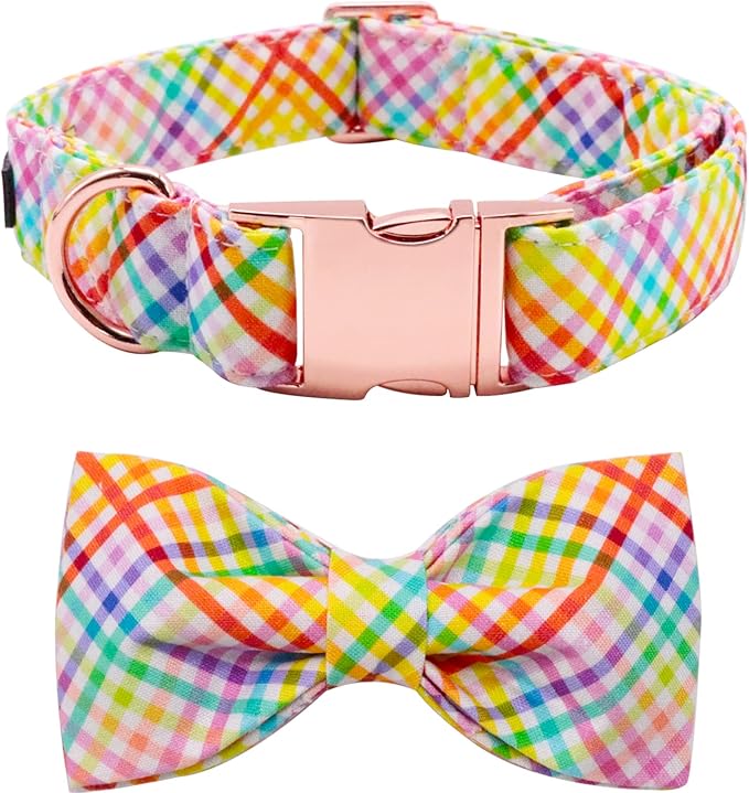 Lionet Paws Easter Dog Collar with Bowtie - Colorful Cute Cotton Bowtie Dog Collar with Metal Buckle for Large Dog Girl Boy, XL, Neck 16-26in