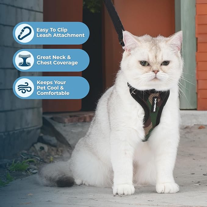 Voyager Step-in Lock Adjustable Cat Harness w. Cat Leash Combo Set with Neoprene Handle 5ft - Supports Small, Medium and Large Breed Cats by Best Pet Supplies - Army/Black Trim, XXS