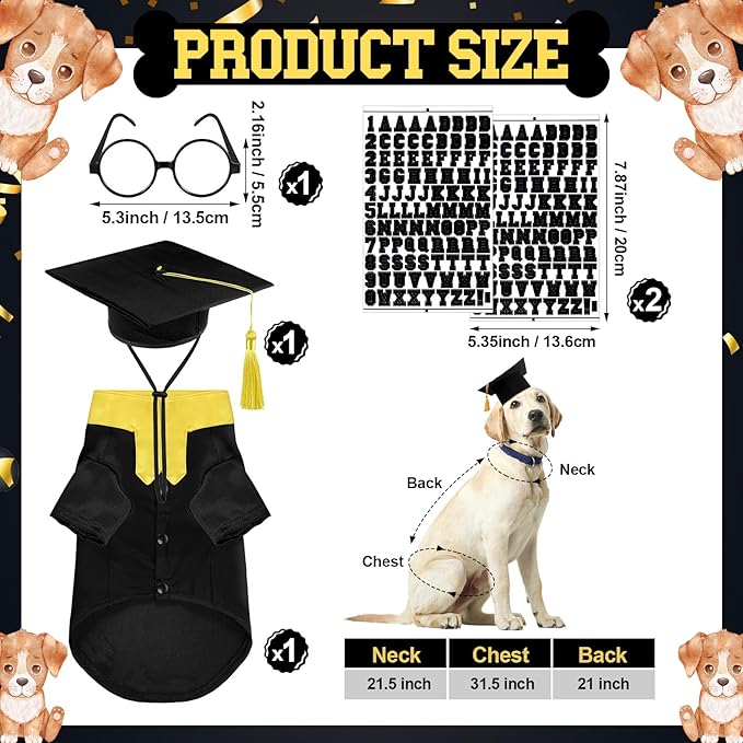 5 Pcs Dog Graduation Costume Set Include 2025 Pet Graduation Gown with Stole Puppy Grad Cap Lensless Glasses DIY Letter Stickers for Dogs Cats Holiday Costume Accessory(Black Yellow,XL)