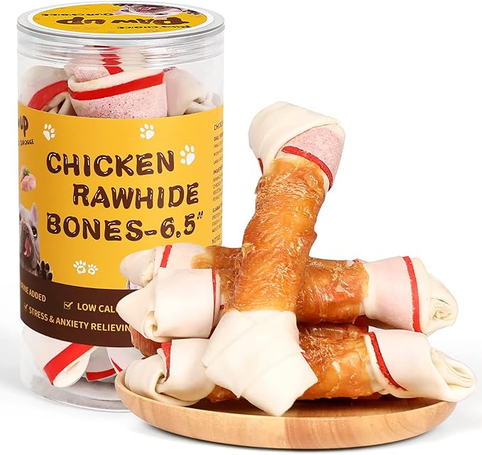Dog Treat Rawhide Bones with Chicken (6.5 ", 4 pcs), Dog Chews Beefhide Treats w/Taurine, 10.5 oz