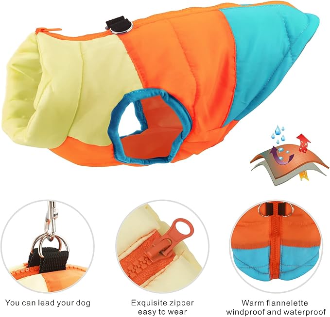 Idepet Pet Dog Cat Coat with Leash Anchor Color Patchwork Padded Puppy Vest Jacket Teddy Chihuahua Costumes Pug Cloth XS S M L (Large (Pack of 1), Sky Blue)