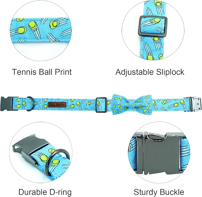 Dog Collar-Tennis Balls Print Adjustable Pet Collar Cute Cotton Soft Collars with Bow Tie Spring Summer Metal Buckle Puppy Collar Gift for X-Large Dogs
