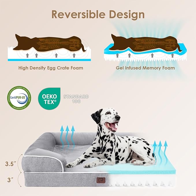 EHEYCIGA Orthopedic Dog Beds for Large Dogs, Waterproof Memory Foam Large Pet Bed with Sides, Non-Slip Bottom and Egg-Crate Foam Dog Couch Bed with Washable Removable Cover, Grey