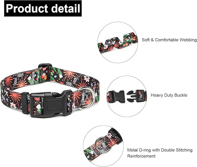 Adjustable Dog Collar with Patterns, Ultra Comfy Soft Nylon Breathable Pet Collar for Small Medium Large Dogs (M, Plants)