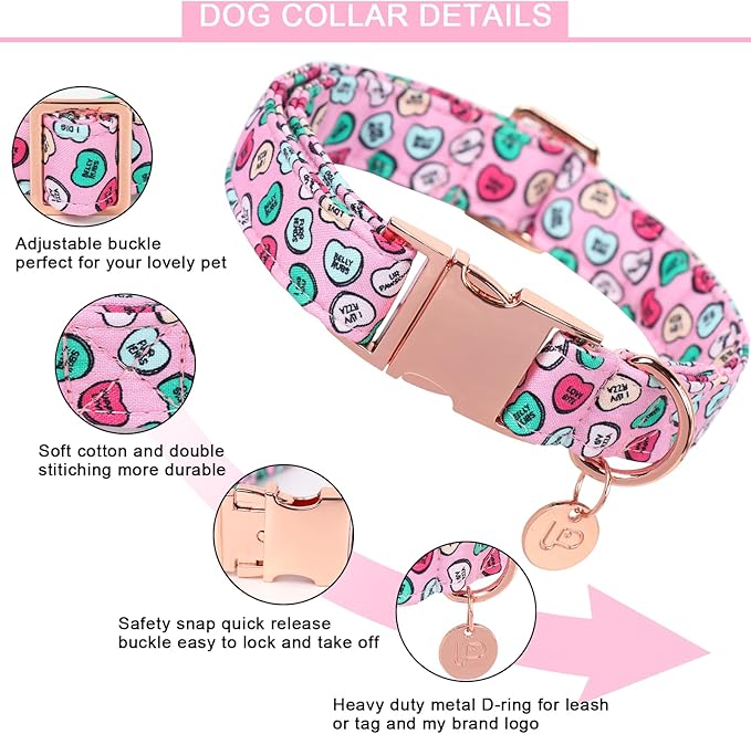 Valentine's Dog Collar, Heart Dog Collar for Small Medium Large Girl Boy Dogs or Cats, Wedding Dog Collar Match Dog Leash, Pet Collar with Metal Buckle, S