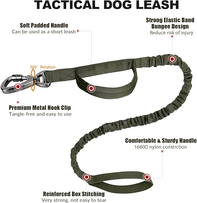 Tactical Dog Collar and Bungee Leash, Camo Military Dog Collar & Leash Set with USA American Flag Adjustable K9 Collar with Heavy Duty Metal Buckle & Handle,with Patches and Airtags Case (XL, Green)