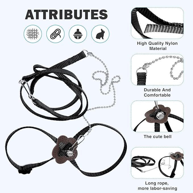 2 Pack Adjustable Hamster Leash Harness for Harness for Ferret Baby Rabbit Hamster Rat Mouse Leash Lead with Bell (Black)