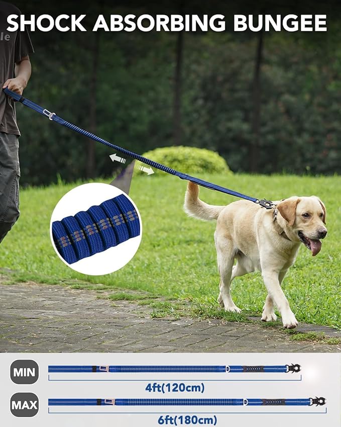 Joytale Tactical Dog Leash Heavy Duty, 4-6FT Shock Absorbing Bungee Lead with 2 Padded Handle, Metal Carabiner Clip, Car Seatbelt, Strong No Pull Leash for Medium Large X-Large Dogs, Navy Blue