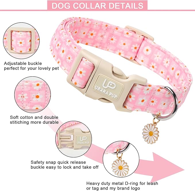 Pet Collar-Summer Daisy Dog Collars-Pink Grid Puppy Collar-Adjustable, Sturdy & Cute Girl Boy Dog Collars for Outdoor Fun