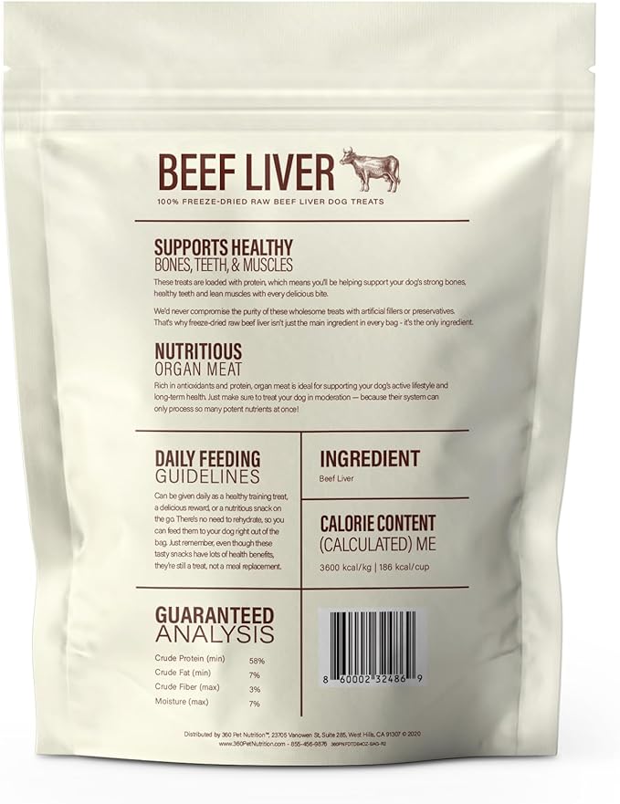 360 Pet Nutrition Freeze-Dried Raw Beef Liver Dog or Cat Treats, Single Ingredient, High Protein, Grain-Free, Made in USA, All-Natural, 4 oz (Beef Liver), Healthy, Training Snacks, Premium Quality