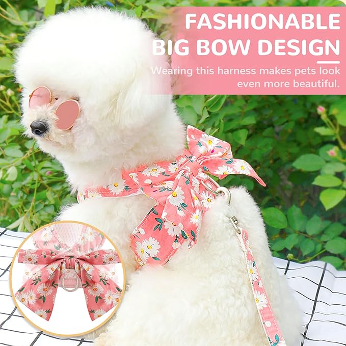 BAEJMJK Dog Harness and Leash Set with Bow Knot No Pull Pet Daisy Floral Harness with D-Ring Soft Mesh Dog Harness Vest Set Escape Proof Princess Puppy Harness for Small Girl Dogs Cats(Pink L)