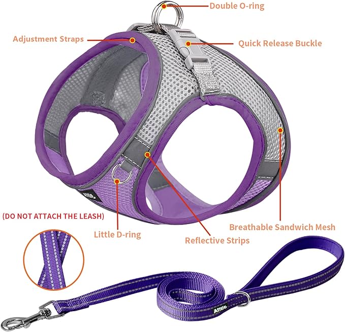 AIITLE No Pull Dog Harness and Leash Set, Step in Adjustable Dog Harness with Padded Vest for All Weather, Dog Leash with Soft Padded Handle, Easy to Put on Small and Medium Dogs Purple S