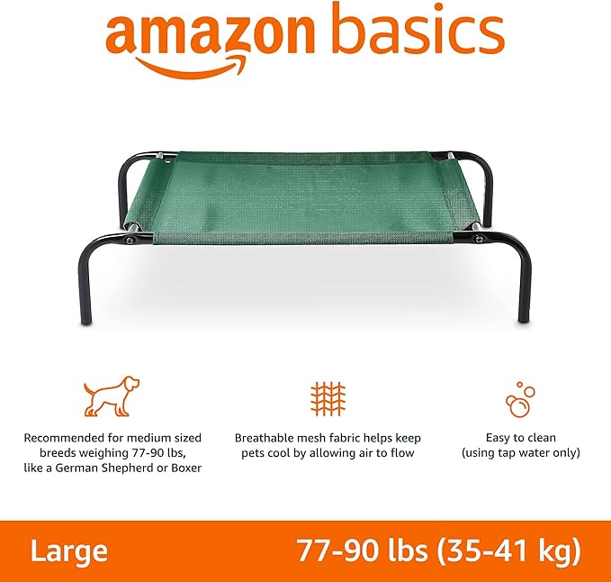 Amazon Basics Cooling Breathable Elevated Dog Bed with Metal Frame for Large Dogs, 51 x 31 x 8 Inch, Green