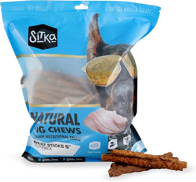 Sitka Farms Beef Sticks for Dogs 5 Inch - Crunchy Beef Munchy Sticks - 100 Count - for Small Medium and Large Dogs - Enhaced with Bully and Collagen