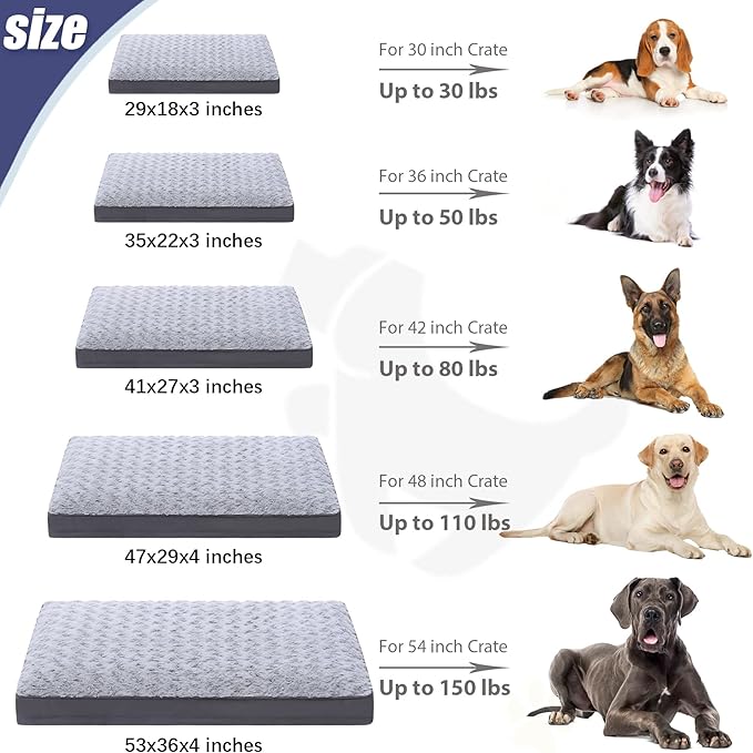 Waterproof Dog Crate Bed for Large Dogs - Rose Velvet Soft Fluffy Washable With Removable Cover & Anti-Slip Bottom, 41 x 27 Inch, Light Gray