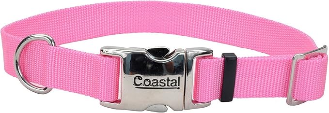 Coastal Pet Adjustable Dog Collar with Metal Buckle - Comfortable Fade-Resistant Dog Collar with Snap Lock - Perfect for Walking & Tie Outs - Pink Bright - 5/8" x 10"-14"