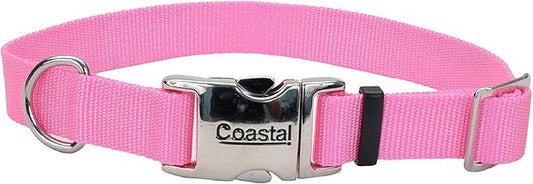 Coastal Pet Adjustable Dog Collar with Metal Buckle - Comfortable Fade-Resistant Dog Collar with Snap Lock - Perfect for Walking & Tie Outs - Pink Bright - 5/8" x 10"-14"