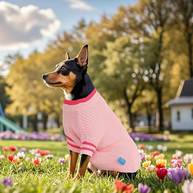 Two Tone Stacked Round Neck Pullover Dog Sweater,Pet Dog Sweaters, Knitted Dogs Clothing,Pet Clothes, Suitable for Dogs of All Seasons and Types(Pink, L)